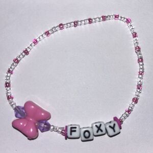 Handmade Pink Beaded Letter Charm Bracelet FOXY Stretch Elastic Stacking Bow